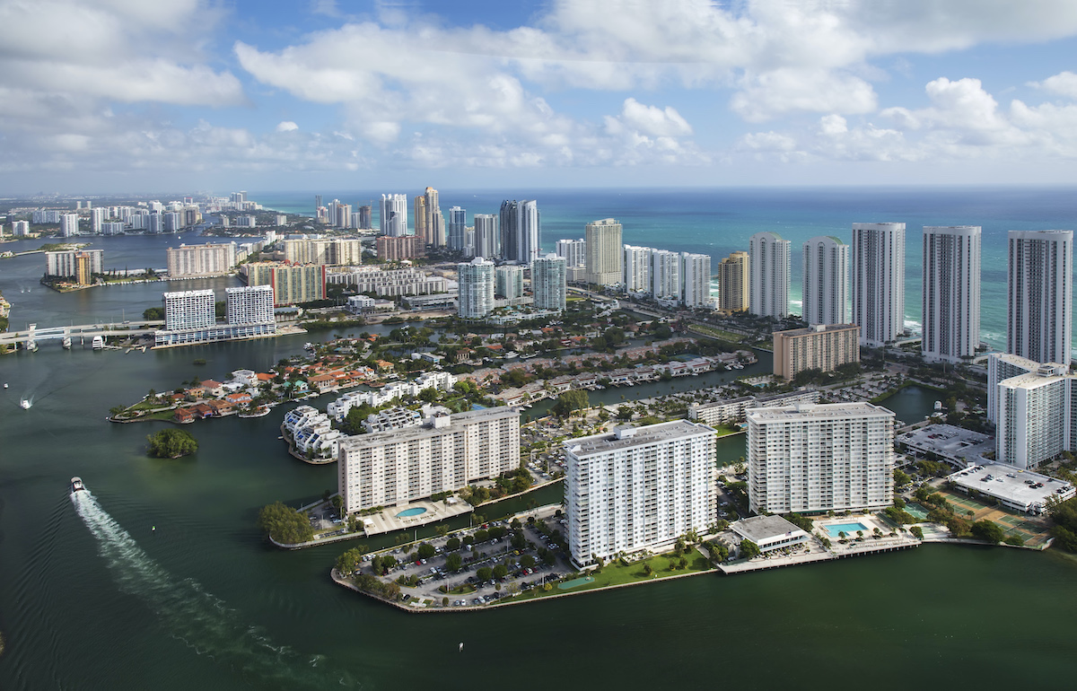 Aerial view of Sunny Isles Beach , Intracoastal and Ocean.