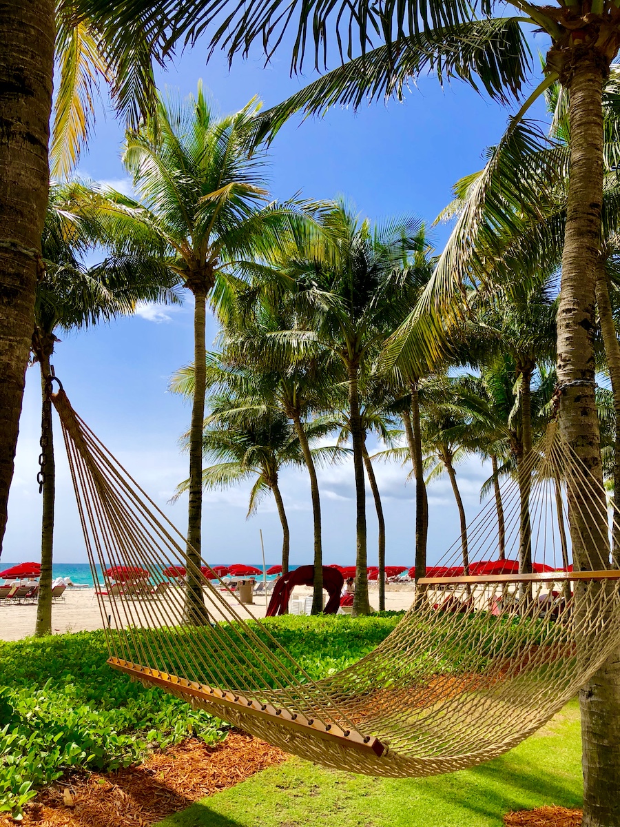 Hammock hanging from trees next to the beach with red umbrellas in the background.