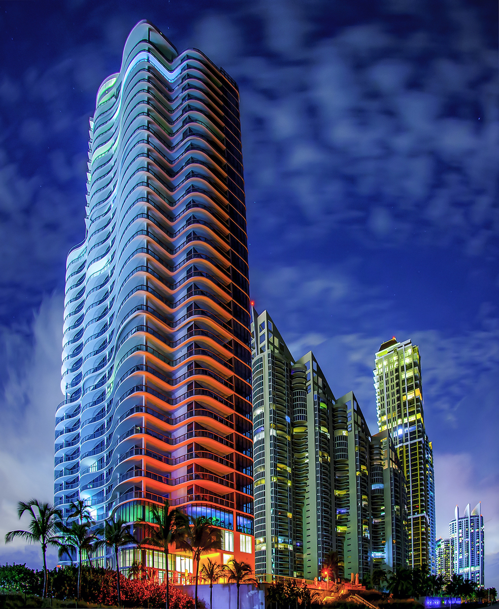 Colors reflecting in the evening off Sunny Isles Beach high rise.